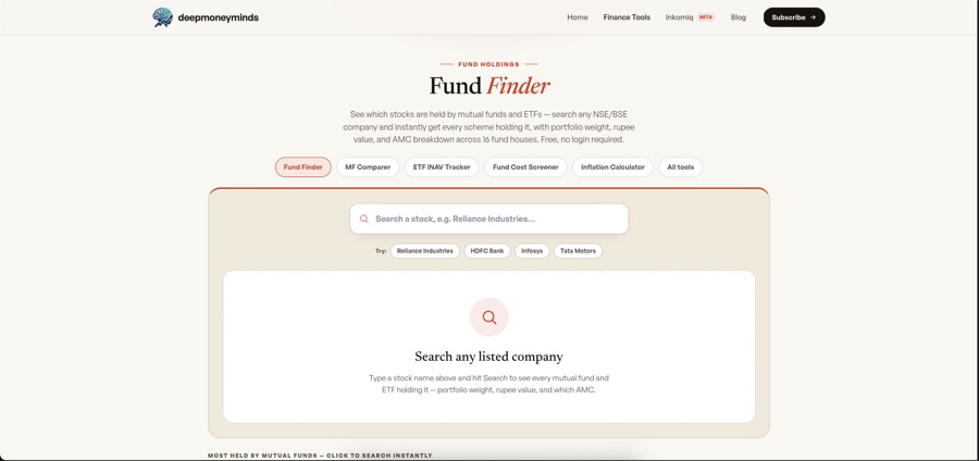 Fund Finder search box on Deep Money Minds — empty state ready to search any NSE/BSE stock